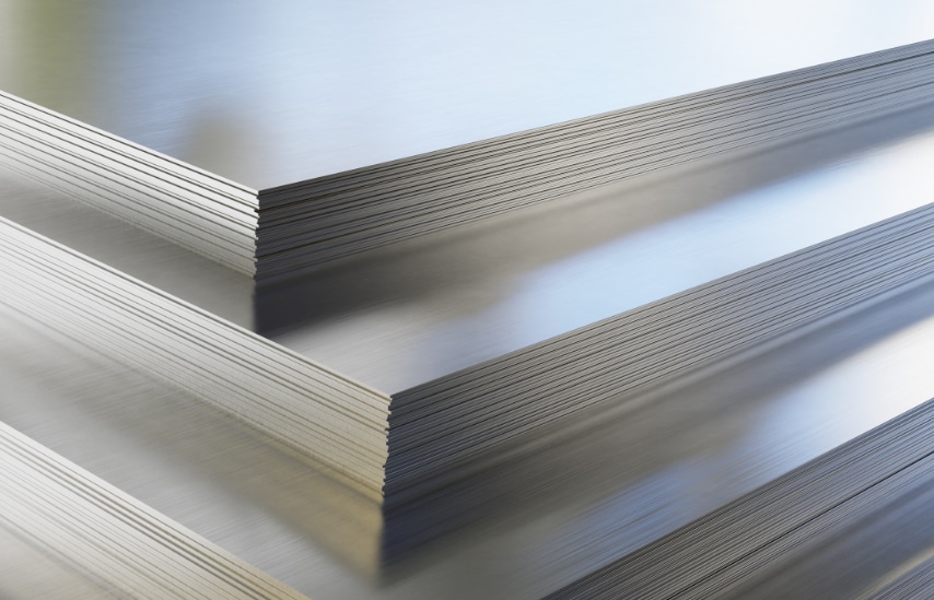 Steel or aluminum sheets in warehouse, rolled metal product. 3d illustration.